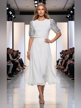 Dkny White Tee with Silver Sequin Puff Sleeves